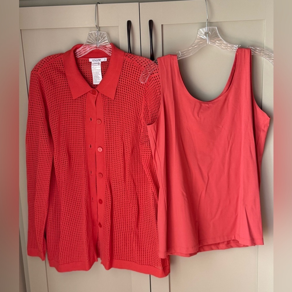 EUC Chico's Open Knit Button-Up Cardi & Tank Top SZ 2 (L/12) Coral/Burnt Orange